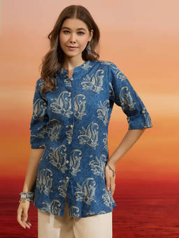 Divena - Floral Printed Blue Royan Tunic
