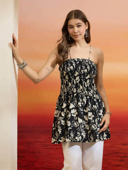 Divena - Black Cotton Floral Printed Shoulder Strap Tunic