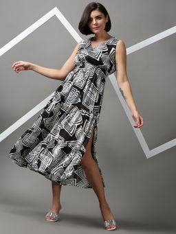 SHOWOFF - Womens V-neck Geometric Black Midi Dress