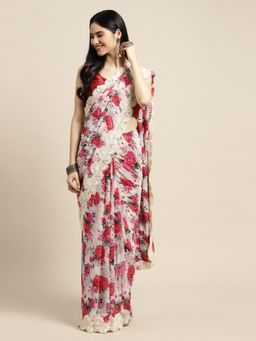 Sangam Prints - Off White Georgette Printed Traditional Saree with Unstitched Blouse