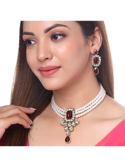 Yellow Chimes - Women White and Red Gold-Plated Pearls Stone Studded Jewellery Set