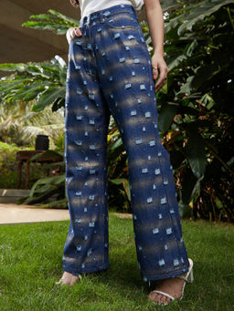 PINACOLADA - Women Navy Blue Metallic-Brush Straight-Fit Denim Jeans