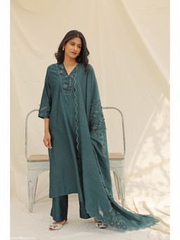 Neelu Sethi - Teal Embroidered Kurta and Pant with Dupatta (Set of 3)