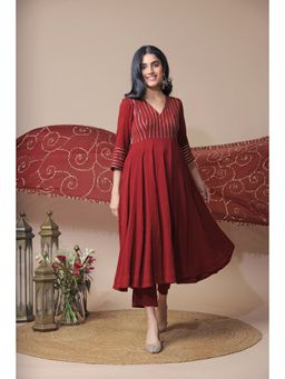 Neelu Sethi - Maroon Chanderi Anarkali Kurta and Churidar with Embroidered Dupatta (Set of 3)