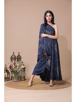 Neelu Sethi - One Shoulder Block Printed Cape With Dhoti Pant (Set of 2)