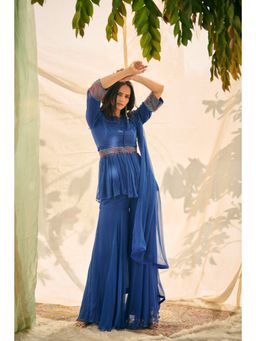 Neelu Sethi - Chiffon Embroidered Peplum Top-Sharara with Dupatta and Belt (Set of 4)