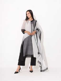 Neelu Sethi - Black & White Organza Embroidered Kurta and Pant With Dupatta (Set of 3)