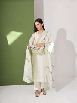 Neelu Sethi - Off White And Lime Green Kurta and Pant With Embroidered Dupatta (Set of 3)