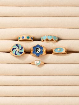 Yellow Chimes - Set of 6 Gold Plated Blue Enamel Knuckle Ring Set