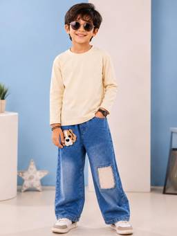 KiddoPanti - Off White Solid Cotton Regular T-Shirt and Jeans