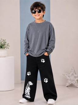 KiddoPanti - Grey Solid Cotton Regular T-Shirt and Jeans