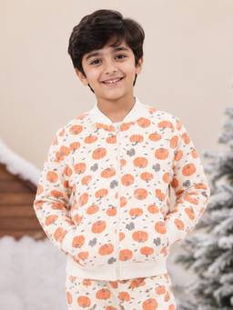 KiddoPanti - Cream Printed Cotton Blend Regular Jacket