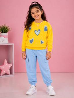 KiddoPanti - Yellow Self Design Fleece Regular Sweatshirt and Joggers