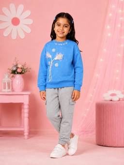 KiddoPanti - Blue Self Design Fleece Regular Sweatshirt and Joggers