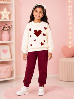 KiddoPanti - Off White Self Design Fleece Regular Sweatshirt and Joggers
