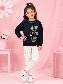 KiddoPanti - Navy Blue Self Design Fleece Regular Sweatshirt and Joggers