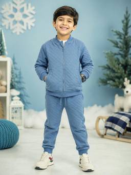 KiddoPanti - Navy Blue Solid Cotton Blend Regular Jacket and Trackpant
