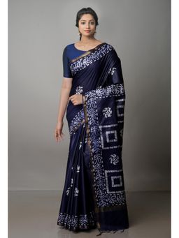 Unnati Silks - Navy Blue Pure Batik Chanderi Silk Saree with Unstitched Blouse