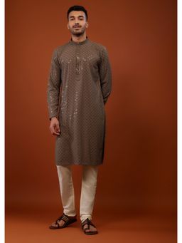 KALKI FASHION - Antler Mauve Brown Embroidered Cotton Silk Kurta (Set of 2)