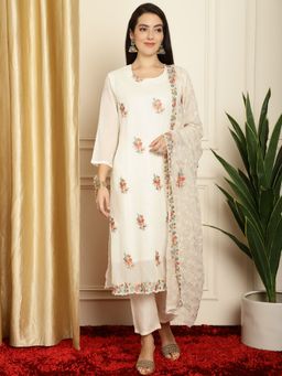 Stylee LIFESTYLE - Off White Georgette Embroidered Dress Material