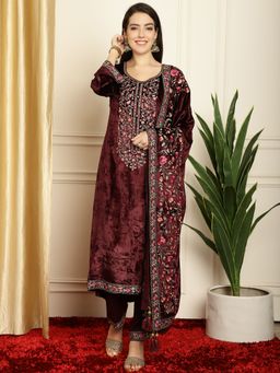 Stylee LIFESTYLE - Wine Velvet Embroidered Dress Material