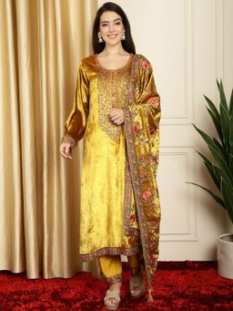 Stylee LIFESTYLE - Gold Velvet Embroidered Dress Material