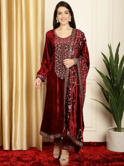 Stylee LIFESTYLE - Maroon Velvet Embroidered Dress Material