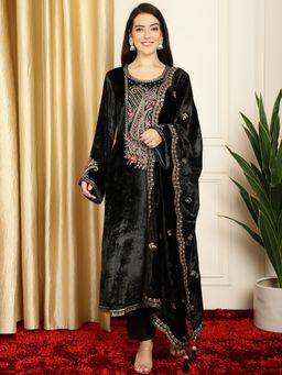 Stylee LIFESTYLE - Black Velvet Embroidered Dress Material