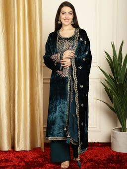 Stylee LIFESTYLE - Navy Blue Velvet Embroidered Dress Material