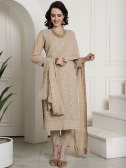 Stylee LIFESTYLE - Beige Georgette Embroidered Dress Material
