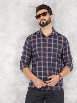 CRIMSOUNE CLUB - Mens Navy Blue Checked Pure Cotton Shirt