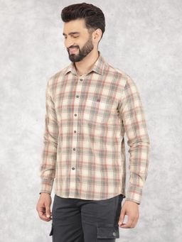 CRIMSOUNE CLUB - Mens Beige Checked Pure Cotton Corduroy Shirt
