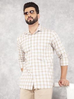CRIMSOUNE CLUB - Mens Beige Checked Pure Cotton Shirt