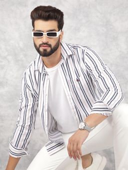 CRIMSOUNE CLUB - Mens White Vertical Stripes Pure Cotton Shirt