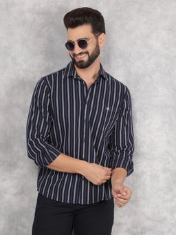 CRIMSOUNE CLUB - Mens Navy Blue Vertical Stripes Pure Cotton Shirt