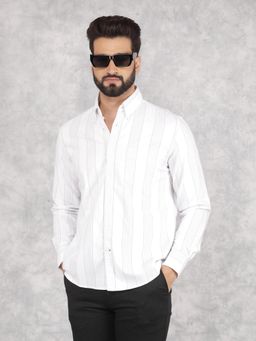 CRIMSOUNE CLUB - Mens White Vertical Stripes Pure Cotton Shirt