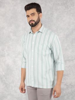 CRIMSOUNE CLUB - Mens Green Vertical Stripes Pure Cotton Shirt