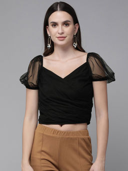 RARE - Women Casual Black Sweetheart Neck Short Sleeves Solid Regular Top