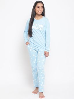 Lil Tomatoes - Girls Typography Cotton Night Suits Sky (Set of 2)