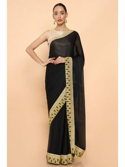 Soch - Women Black Chiffon Solid Plain Saree with Unstitched Blouse