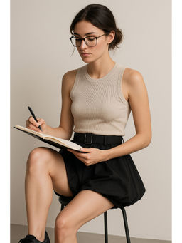 Belliskey - Women Black Cotton Viscose Blend Above Knee Skirt with Belt