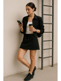 Belliskey - Women Black Cotton Above Knee Skirt with Belt