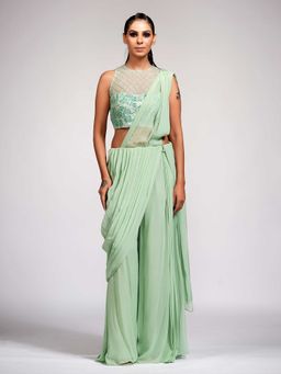 Shruti S - Green Bell Bottom Saree With Tone On Tone Embroidery with Stitched Blouse