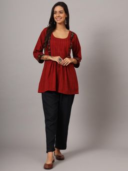DART STUDIO - Maroon Stripe Hand Embroidered Top With Pant (Set of 2)