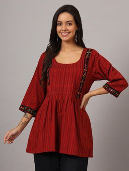 DART STUDIO - Maroon Stripe Hand Embroidered Top