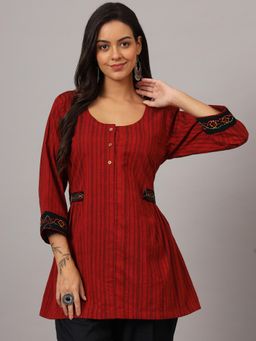 DART STUDIO - Maroon Stripe Hand Embroidered Top