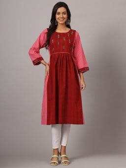 DART STUDIO - Maroon Pink Hand embroidered Pure Cotton Yoke Anarkali Kurta