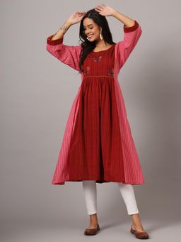 DART STUDIO - Maroon Pink Hand embroidered Pure Cotton Yoke Anarkali Kurta with Pant (Set of 2)