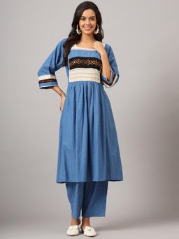 DART STUDIO - Blue Hand Embroidered Pintuck Yoke Pure Cotton Anarkali Kurta