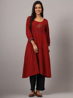 DART STUDIO - Maroon And Black Stripe Hand Embroidered Pure Cotton Kurta